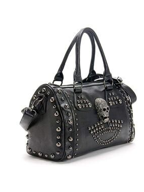 𝅺BLACK Leather Skull Handbag Large Gothic Shoulder Bag Biker Rocker Studded NWT